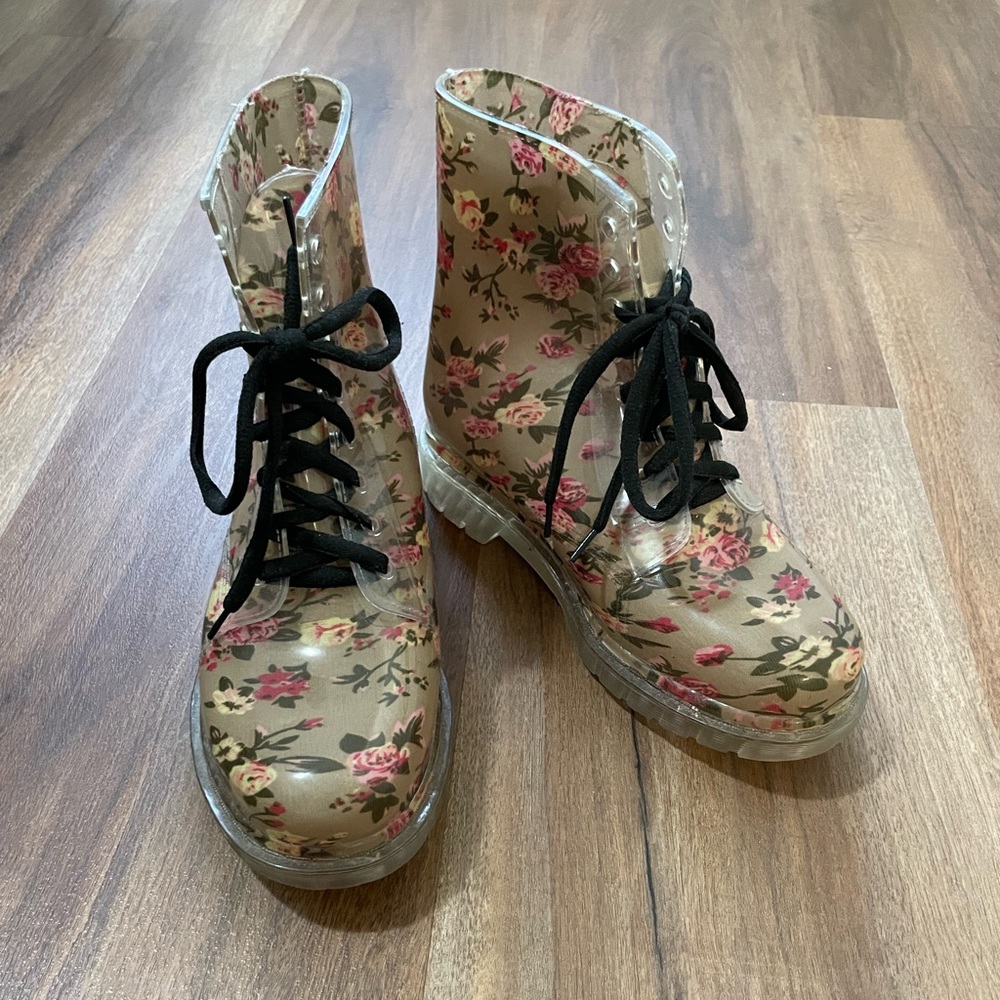 Flower-print Rubber Ankle Boots